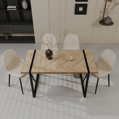 5-Piece Light Wood & Black Metal Dining Set, Medieval Style MDF Table with 4 Suede Dining Chairs