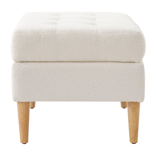 Ivory Tufted Boucle Ottoman with Solid Rubberwood Legs, 350+ LBS Low Profile Multifunctional Accent Stool