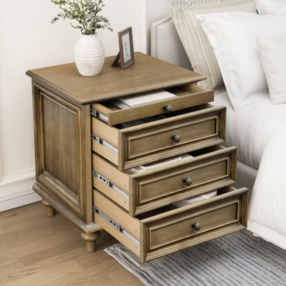 Farmhouse Nightstands with 4 Drawer,Wood Storage End Table with Hidden Pull-Out Shelf, Large Side Table with 4 Solid Wood Feet and Metal Handle,Easy Assembly,Light Brown