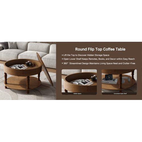 31.5inch  Round Flip-Top Coffee Table with Dual Storage, Walnut