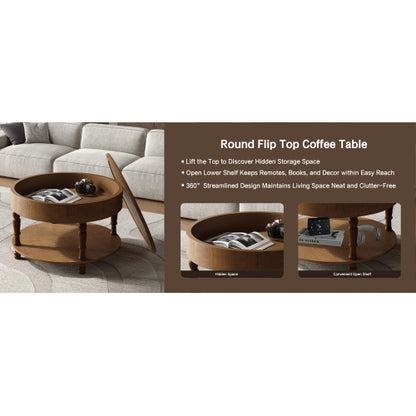 31.5inch  Round Flip-Top Coffee Table with Dual Storage, Walnut
