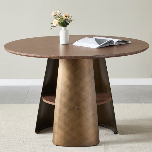 Retro Round Dining Table with Storage Layer, Walnut