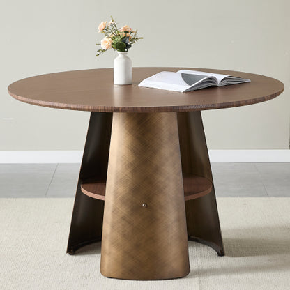 Retro Round Dining Table with Storage Layer, Walnut