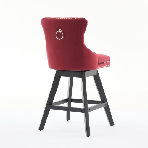 Swivel Velvet Barstools with Button Tufted Decoration and Wooden Legs, and Chrome Nailhead Trim, Leisure Style Bar Chairs,Bar stools, Set of 2 (Wine Red)