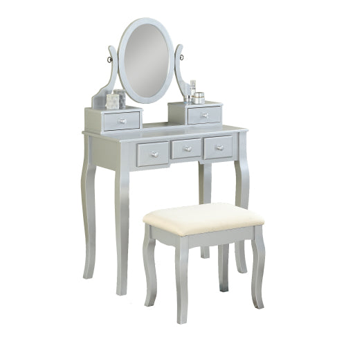 Silver Wood Makeup Vanity Table and Stool Set, 5 Lined Drawers, Adjustable Mirror, 32 inch W