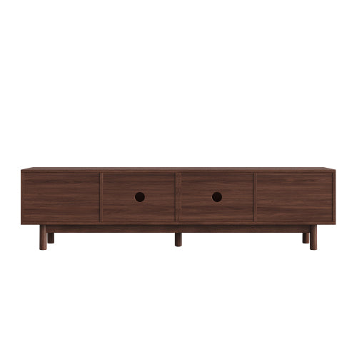 70.86 inch Dark Brown Mid Century Wave Glass Sliding Door TV Stand Pine Leg Console For 80 inch TV