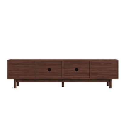 70.86 inch Dark Brown Mid Century Wave Glass Sliding Door TV Stand Pine Leg Console For 80 inch TV