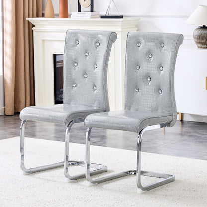 Set of 2 Retro Alligator Skin Faux Leather Dining Chairs, Crystal Buckle Design with Electroplated Metal Bow Legs
