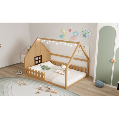 Full Size Wood House Bed with Window and Fence, Natural