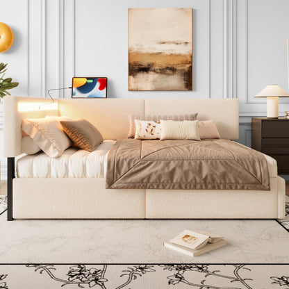 Twin Size Boucle Bed Frame, Upholstered Cloud Bed Frame with Headboard, with 2 Storage Drawers, LED light and USB Charging Design, Solid Wood Legs and Slats, No Box Spring Needed, Beige