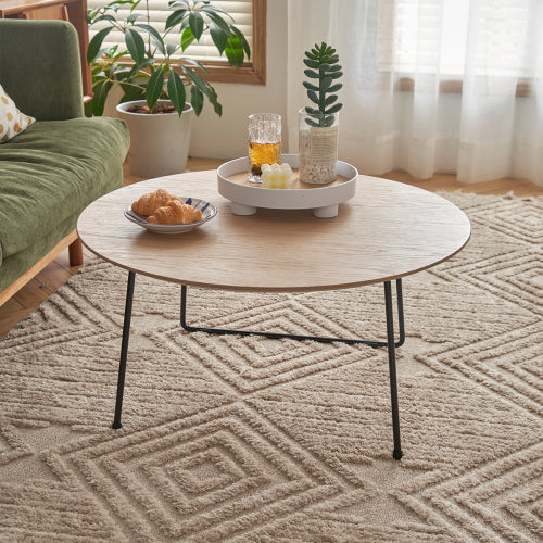 Round Oak Veneer Coffee Table with Carbon Steel Legs