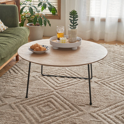 Round Oak Veneer Coffee Table with Carbon Steel Legs