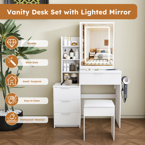 White LED Lighted Makeup Vanity Table with 4 Drawers & Shelves, Power Outlet, Dryer Holder & Chair, Modern Bedroom Dresser