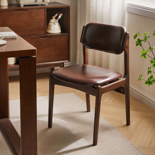 Single Brown PU Leather Armless Dining Side Chair, Solid Wood Walnut Frame, Ergonomic Open Back for Dining Room, Cafe & Office