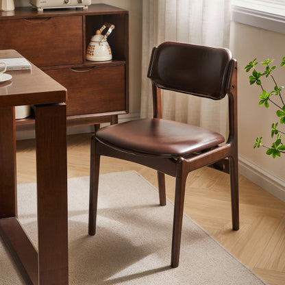 Single Brown PU Leather Armless Dining Side Chair, Solid Wood Walnut Frame, Ergonomic Open Back for Dining Room, Cafe & Office
