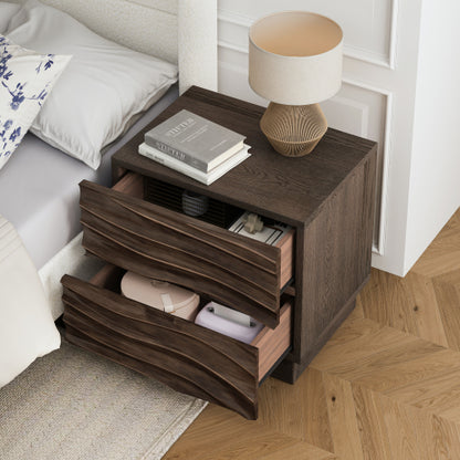 Brown Solid Wood 2-Drawer Nightstand, Curved Handle-Free Bedside End Table