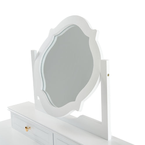 White Compact Vanity Table Set with Reversible Adjustable Mirror, 5 Drawer Storage & PU Cushioned Stool