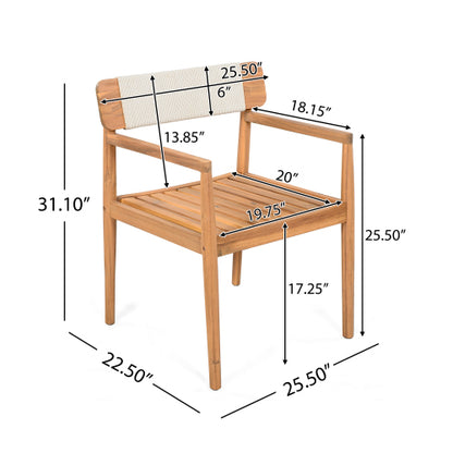CREATIVE BRAIDED ACACIA WOOD OUTDOOR DINING TABLE AND CHAIRS WITH ARMRESTS, SUITABLE FOR OUTDOOR DINING AND LEISURE PLACES, TEAK LOOK & WHITE ROPE,SET OF 2