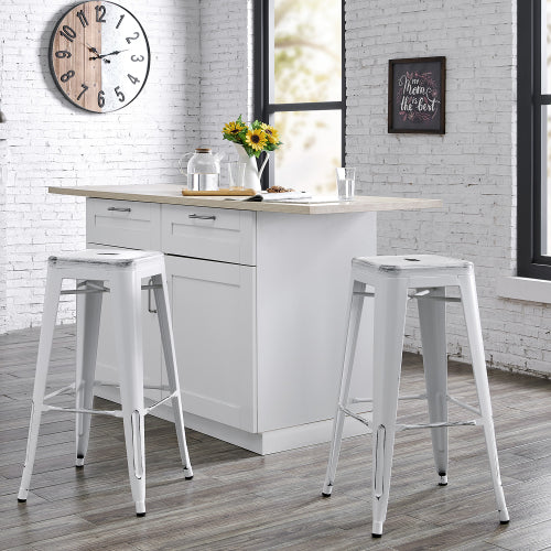 Backless Modern Light Weight Industrial Contemporary Rustic Vintage Costal Metal Bar Stools Without Back and 4 Leg Design (Set of 2) (30inch Seat, Distressed White)