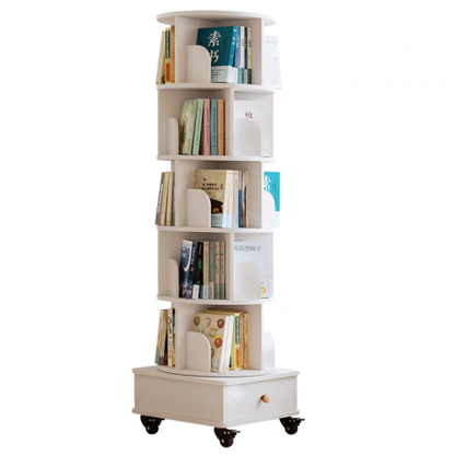 White 6-Tier 360¡ã Rotating Bookshelf with Single Drawer, Tall Narrow Wooden Corner Home Display Rack