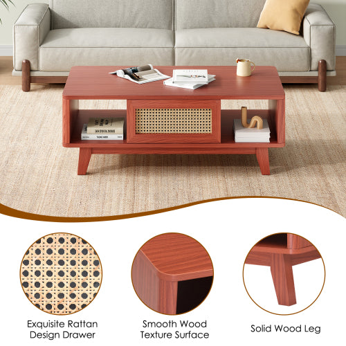 Mid Century Coffee Table Rattan Drawer Solid Wood Leg Storage Table