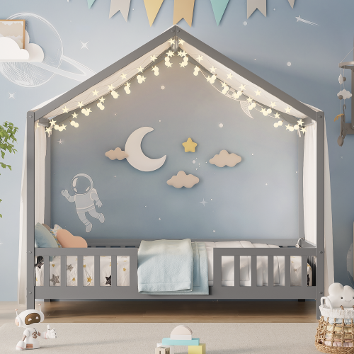 Montessori Floor Bed with Canopy, Twin Bed Frame for Kids, House Shape Toddler Bed Frame with High Railings, Wood Kids Bed with Roof, Kid Twin Bed, Grey