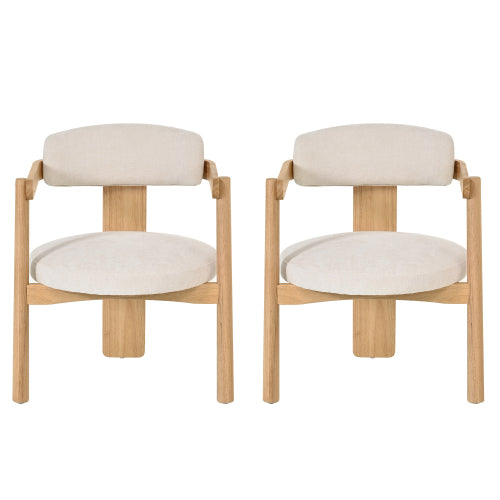 Dining Chairs Set of 2, Natural & Beige Upholstered Mid-Century Arm Chairs