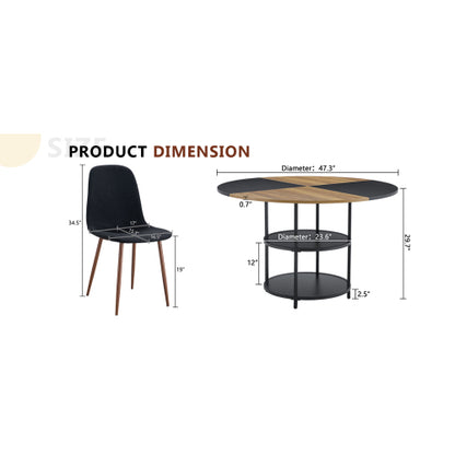 5-Piece Double Storage Round Dining Set, MDF Table & 4 Black Linen-Cotton Chairs