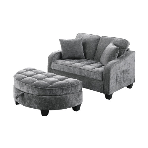 Gray 2-Seater Sofa with Irregular Arms, Storage Footrest & 2 Throw Pillows