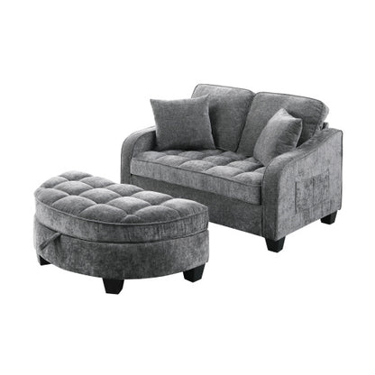 Gray 2-Seater Sofa with Irregular Arms, Storage Footrest & 2 Throw Pillows