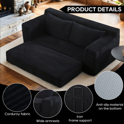 Black Memory-Foam Compressed Corduroy Convertible Loveseat, No Assembly
