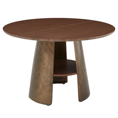 Retro Round Dining Table with Storage Layer, Walnut
