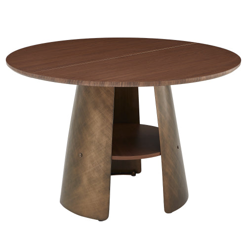 Retro Round Dining Table with Storage Layer, Walnut