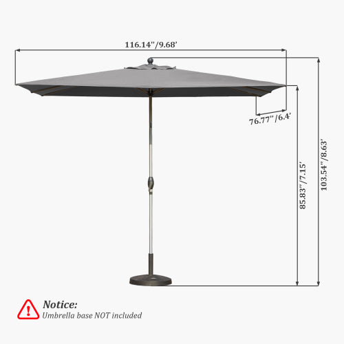 Rectangle Patio Umbrella with Crank Lift and Tilt Function, Grey (Base not included)