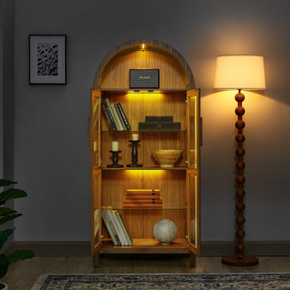 Brown High Arched LED Light Wooden Storage Cabinet Adjustable Glass Partition Modern Retro Home Multi-Functional Display Cabinet