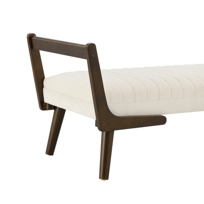 52 inch Beige Chenille Mid-Century Bench Ottoman, Walnut Wood Leg Upholstered Foot Stool, 300 LBS Capacity
