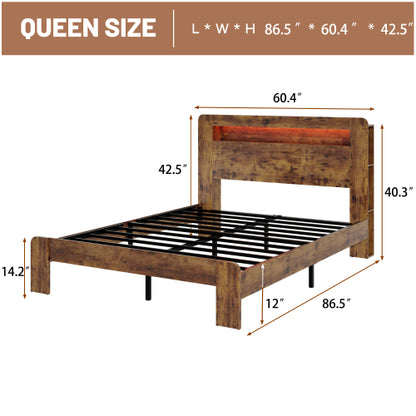 Bed Frame Queen Size, Wood Platform Bed Frame with Storage LED Light Headboard and 2 USB , Noise Free,No Box Spring Needed and Easy Assembly Tool,Large Under Bed Storage,Dark Brown