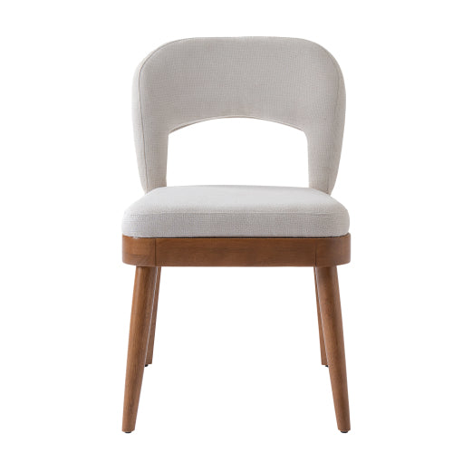 Set of 2 Mid-Century Hollow Back Dining Side Chairs, Walnut Rubberwood Frame, Beige Fabric Cushion, 300lbs