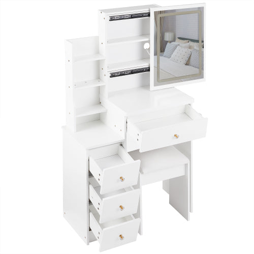 29.2" Small Size Left Bedside Cabinet Vanity Table + Cushioned Stool, 2 AC+2 USB Power Station, Hair dryer bracket, Extra Large Touch Control Sliding LED Mirror, Tri-color Switching, Brightness Adjust