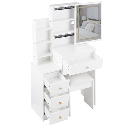 29.2" Small Size Left Bedside Cabinet Vanity Table + Cushioned Stool, 2 AC+2 USB Power Station, Hair dryer bracket, Extra Large Touch Control Sliding LED Mirror, Tri-color Switching, Brightness Adjust