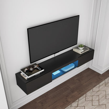 63 Inch Black Wall-Mounted Floating LED TV Stand 16 Color Light Media Cabinet Holds TV Up To 65 Inch