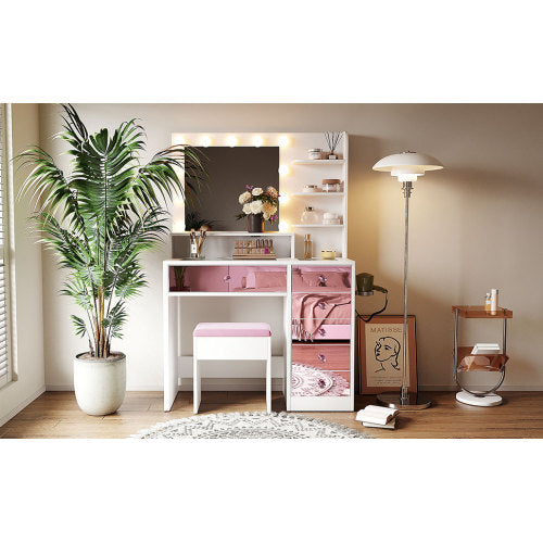 Vanity Desk with Glass Top and 11 Hollywood Bulbs, 3 Color Lighting Modes, Makeup Vanity with Pink Finish Drawers & Shelves, White Vanity Table with Stool for Bedroom
