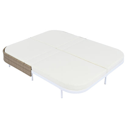 TREXM Outdoor Daybed, Patio Rattan Daybed with 5-Position Adjustable Backrest and Removable Cushions&Pillows, Iron Frame Outdoor Bed Loveseat for Garden, Backyard, Poolside (White Frame+Beige Cushion)