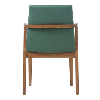 Set of 2 Mid-Century Green PU Arm Dining Chairs, Walnut Rubber Wood Frame 250lbs Capacity