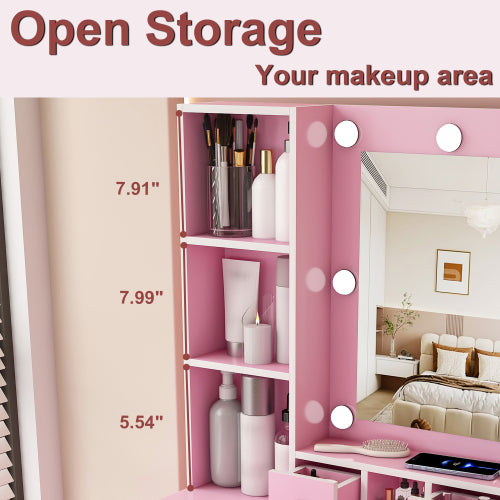 Pink Compact LED Vanity Table Set, Power Outlet, Hairdryer Holder, Drawers & Upholstered Stool