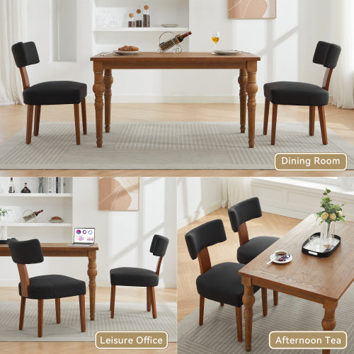 Set of 2 Black Linen Curved Wingback Dining Chairs, Light Brown Rubber Wood Legs 250lbs Weight Limit