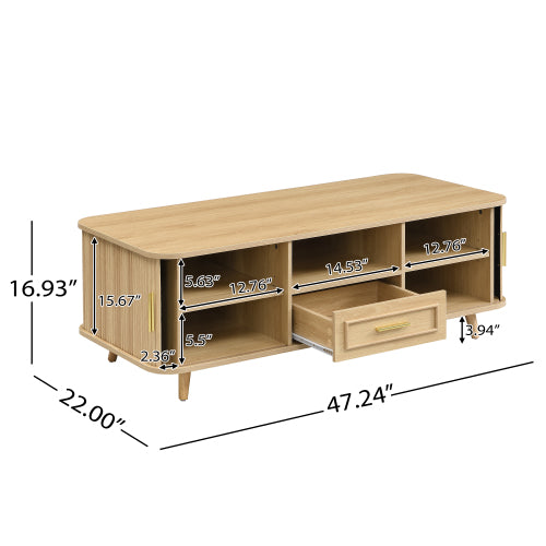 Mid-Century Modern Natural Wood Coffee Table with Tambour Doors & Multi Storage Compartments