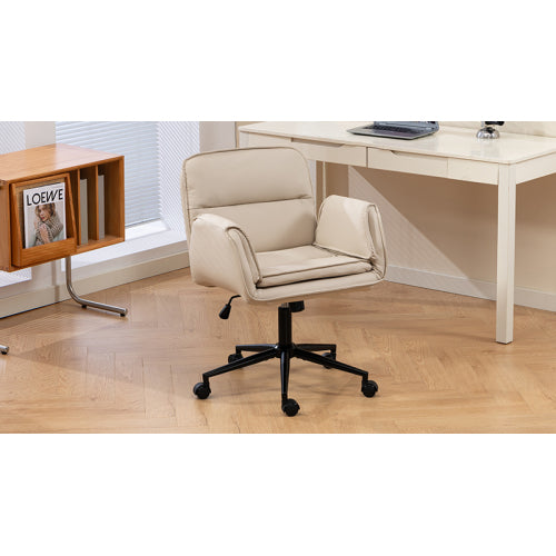 Criss Cross Chair with 5-Gear Adjustable Armrests & Wheels, Ergonomic Thickened Backrest Swivel Desk Chair for Home Office, Vanity, Bedroom and Living Room, Beige Pu