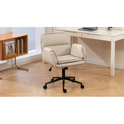 Criss Cross Chair with 5-Gear Adjustable Armrests & Wheels, Ergonomic Thickened Backrest Swivel Desk Chair for Home Office, Vanity, Bedroom and Living Room, Beige Pu