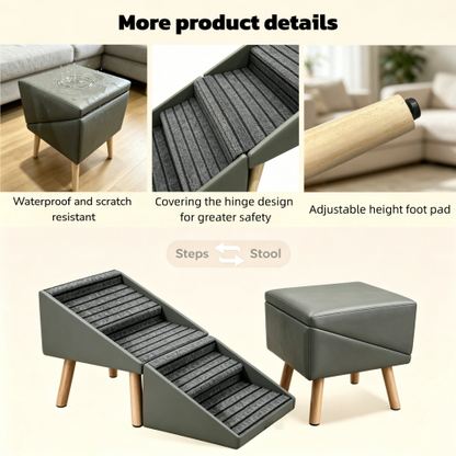Grey 2-in-1 Foldable 4-Step Dog Ramp Ottoman 19.69 inch, Foldable Footstool for Small Dogs